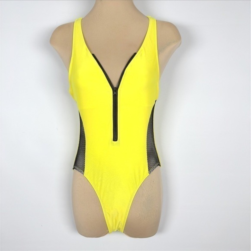 Women's Retro Yellow / Black Mesh Insert Zip Front One Piece Swimsuit - Picture 3 of 7